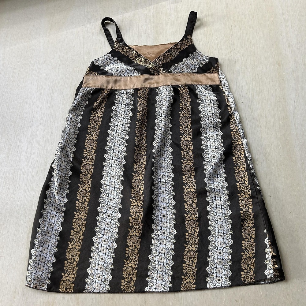 Y2K Hannah Montana Dress Girls 14 Brown Striped Satin V-Neck Party Sundress